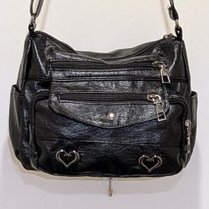 EUC Black Faux Leather Crossbody Purse with Chunky Hardwear and Heart Details